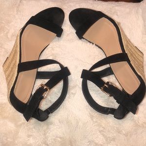 Black with Gold Buckle Wedges